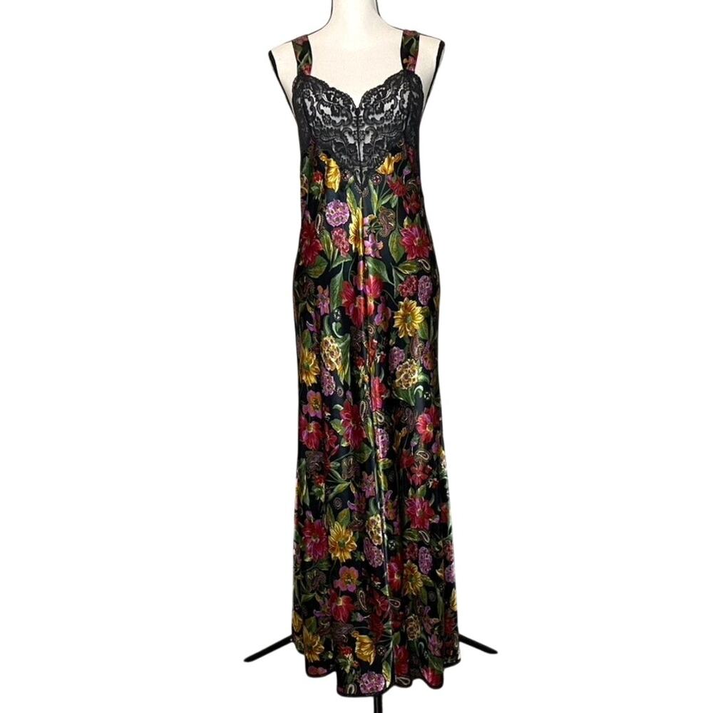 Vintage Vanity Fair Black Floral Maxi Nightgown Chemise Slip Dress Size Small